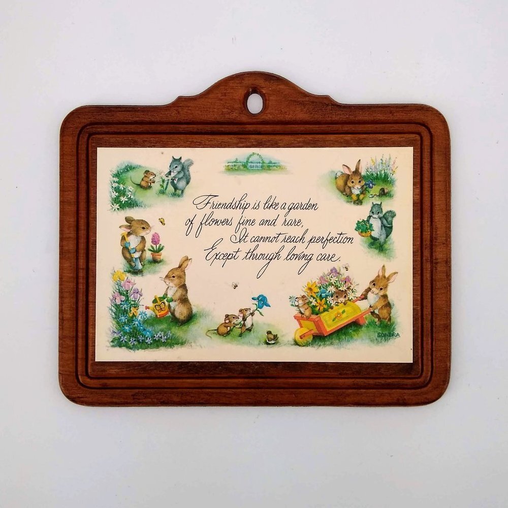 VINTAGE Friendship Quote Plaque Bunnies Garden